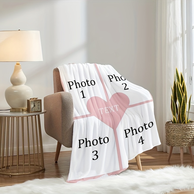 Personalized Photo Heart Pattern Flannel Blanket - Gift for Family